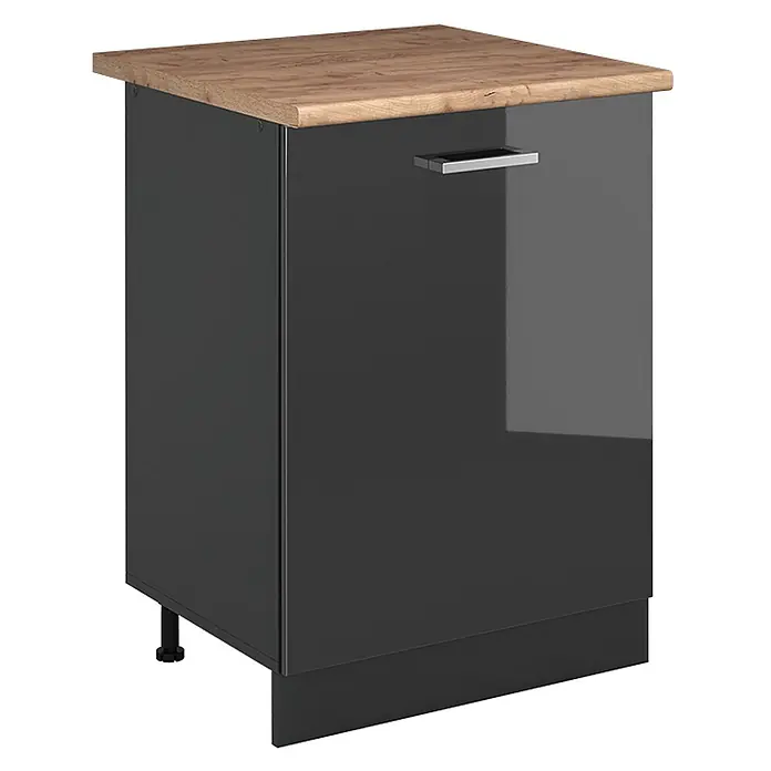Küchenunterschrank R-Line 60 cm Anthrazit Hochglanz Art.-Nr. 72020 -  - Dunkelgrauer Küchenunterschrank mit Holz-Arbeitsplatte, Metallgriff und Sockelleiste.