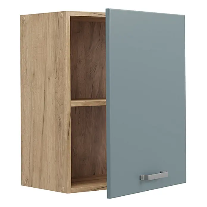 Hängeschrank R-Line 50 cm Blau-Grau Art.-Nr. 70053 -  - Hängeschrank mit hellem Holz-Effekt-Korpus, offener blaugrauer Tür und silbernem Griff. Mit zwei Innenböden.
