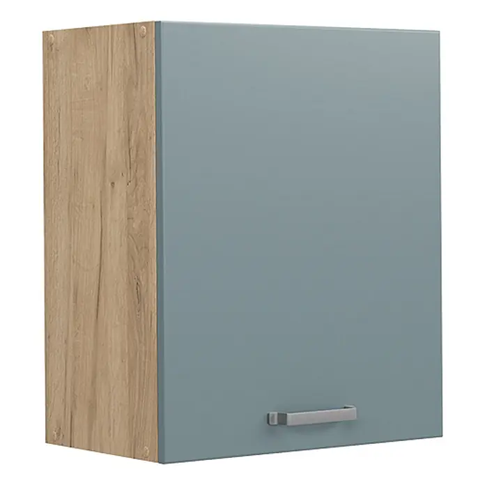 Hängeschrank R-Line 50 cm Blau-Grau Art.-Nr. 70053 -  - Wandschrank mit blaugrauer Tür, Holzoptik-Seitenwand und silbernem Griff.