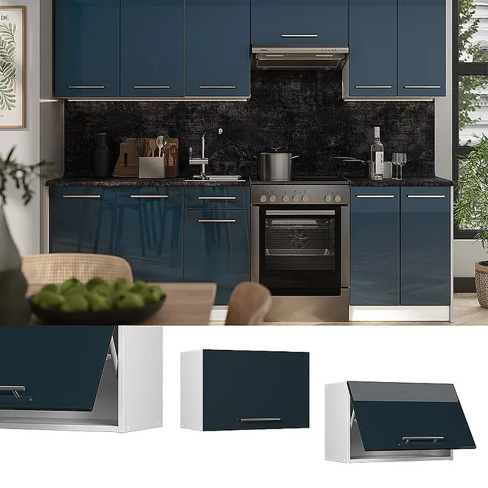 Hängeschrank Fame-Line 60 cm Dunkelblau Hochglanz Art.-Nr. 61537 -  - Moderne Küche mit blauen Hochglanzschränken, eleganten Griffen und integrierten Geräten.