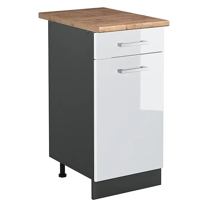 Küchenunterschrank R-Line 40 cm Weiß Hochglanz Art.-Nr. 61071 -  - Moderner Küchenunterschrank mit heller Holzplatte, dunkelgrauen Seiten und weißen Hochglanz-Fronten mit silbernen Griffen.