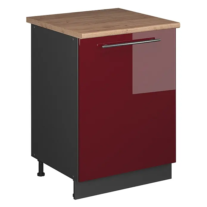 Spülenunterschrank Fame-Line 60 cm Bordeaux Hochglanz Art.-Nr. 63417 -  - Roter Hochglanz-Küchenunterschrank mit Holzplatte, dunkelgrauem Korpus und silbernem Griff.