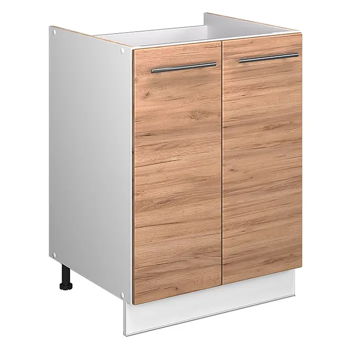 Spülenunterschrank Fame-Line 60 cm Goldkraft Eiche Art.-Nr. 65089 -  - Weißer Küchenunterschrank mit zwei holzfarbenen Türen, silbernen Griffen und weißer Sockelblende.