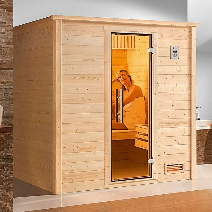 Weka Massivholzsauna Bergen 1 GT - Ohne Ofen, L x B x H: 148 x 198 x 203,5 cm, Natur / Graphit Optik - Holzsauna mit Glastür und digitalem Bedienfeld für ein entspannendes Wellness-Erlebnis im eigenen Zuhause.