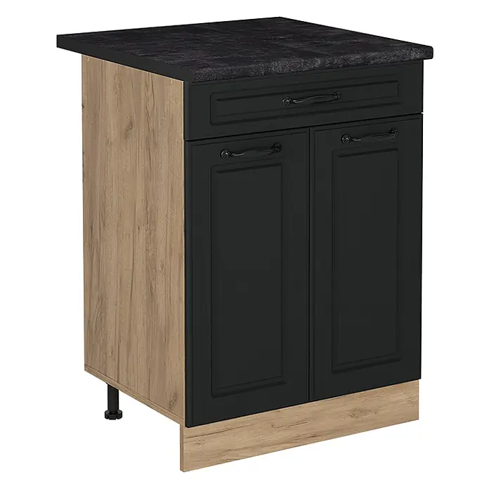Küchenunterschrank R-Line 60 cm Anthrazit Landhaus Art.-Nr. 61185 -  - Schwarzer und holzfarbener Küchenunterschrank mit dunkler Arbeitsplatte und schwarzen Türen und Schublade.