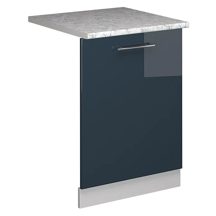 Geschirrspülblende Fame-Line 60 cm Dunkelblau Hochglanz Art.-Nr. 54830 -  - Dunkelblauer Hochglanz-Küchenschrank mit weißer Marmor-Arbeitsplatte, silbernem Griff und passendem Sockel.