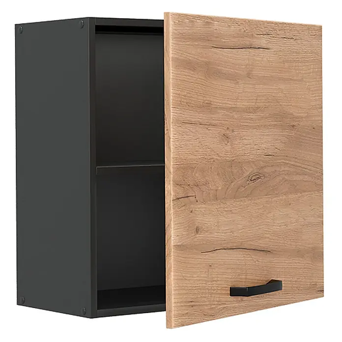 Hängeschrank R-Line 60 cm Goldkraft Eiche Art.-Nr. 65793 -  - Dunkelgrauer Wandschrank mit hellbrauner Holztür, leicht geöffnet mit Einlegeboden und schwarzem Griff.