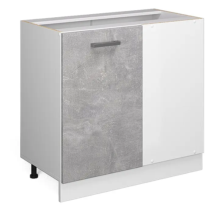 Küchenfront R-Line 39.6 cm Beton Art.-Nr. 37357 -  - Weißer Unterschrank mit grauer Beton-Optik-Tür und dunklem Griff, mit verstellbaren Füßen und Sockel.