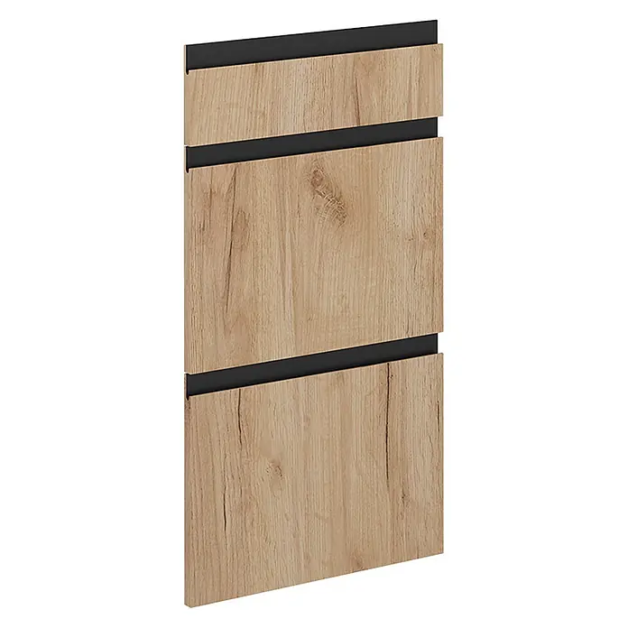 Küchenfront R-Line 39.6 cm Goldkraft Eiche Art.-Nr. 39513 -  - Moderne hellbraune Holzoptik-Möbelfront mit integrierten schwarzen linearen Griffen.