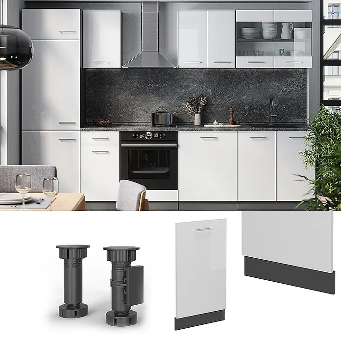 Geschirrspülblende R-Line 45 cm Weiß Hochglanz Art.-Nr. 54919 -  - Moderne weiße Küchenzeile mit integriertem Backofen, verstellbaren dunkelgrauen Füßen und weißen Sockelblenden.