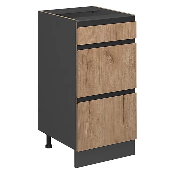 Küchenfront R-Line 39.6 cm Goldkraft Eiche Art.-Nr. 39513 -  - Dunkelgrauer Küchenunterschrank mit drei hellen Holzschubladen, schwarzen Griffleisten und Sockel.