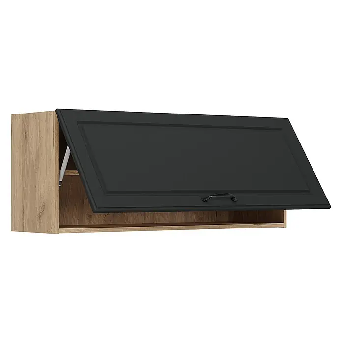 Hängeschrank R-Line 100 cm Anthrazit Landhaus Art.-Nr. 63130 -  - Wandschrank mit offener dunkelgrauer Tür und hellem Holzrahmen, zeigt den Klappmechanismus.