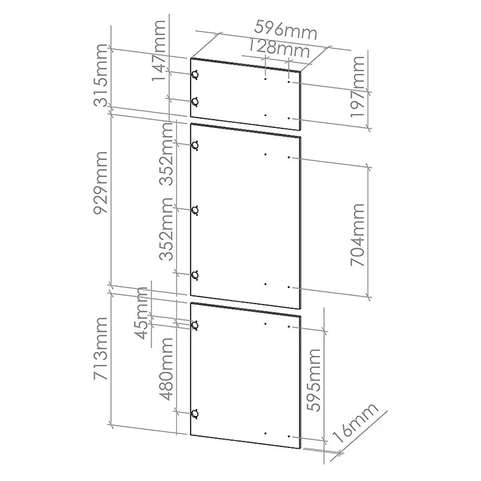 Küchenfront R-Line 59.6 cm Anthrazit Landhaus Art.-Nr. 37201 -  - Technische Zeichnung dreier rechteckiger Platten mit detaillierten Maßen in Millimetern.