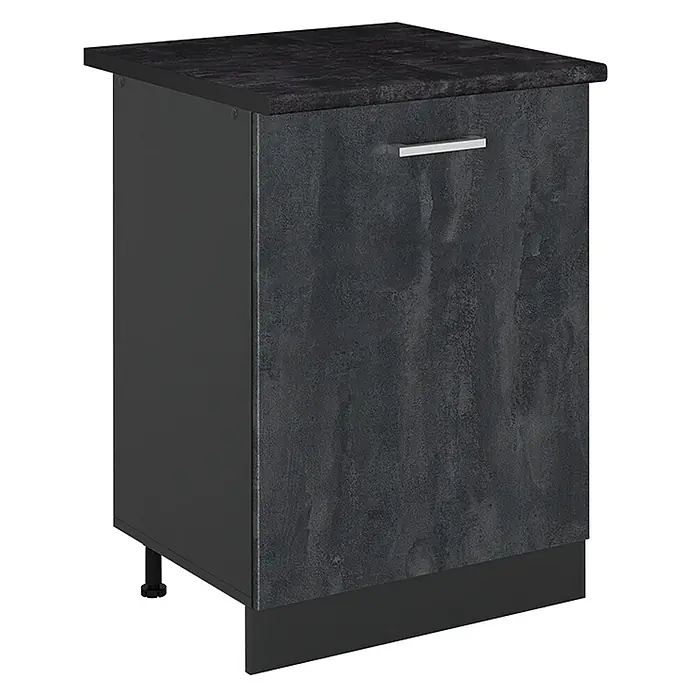 Küchenunterschrank R-Line 60 cm Schwarz Beton Art.-Nr. 72063 -  - Dunkelgrauer, strukturierter Küchenunterschrank mit schwarzer Arbeitsplatte, silbernem Griff und verstellbaren Füßen.