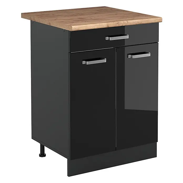 Küchenunterschrank R-Line 60 cm Schwarz Hochglanz Art.-Nr. 61128 -  - Schwarzer Hochglanz-Küchenunterschrank mit heller Holzplatte, einer Schublade und zwei Türen mit silbernen Griffen.
