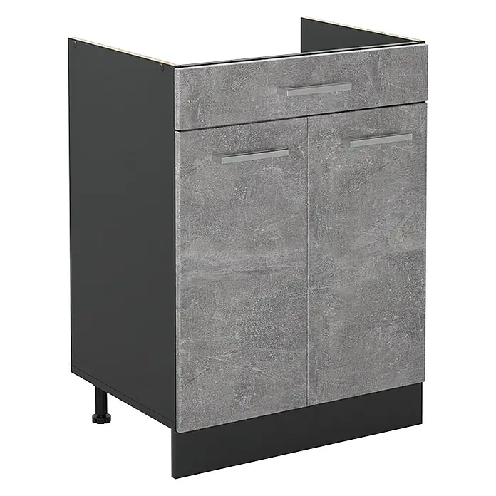 Küchenunterschrank R-Line 60 cm Beton Art.-Nr. 61085 -  - Grauer Küchenunterschrank in Betonoptik mit dunkelgrauen Seiten, einer Schublade, zwei Türen und silbernen Griffen.