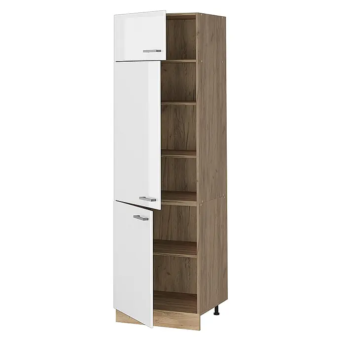 Vorratsschrank R-Line 60 cm Weiß Hochglanz Art.-Nr. 63211 -  - Hoher Stauraumschrank mit Holzmaserung-Regalen und teilweise geöffneten weißen Hochglanztüren.