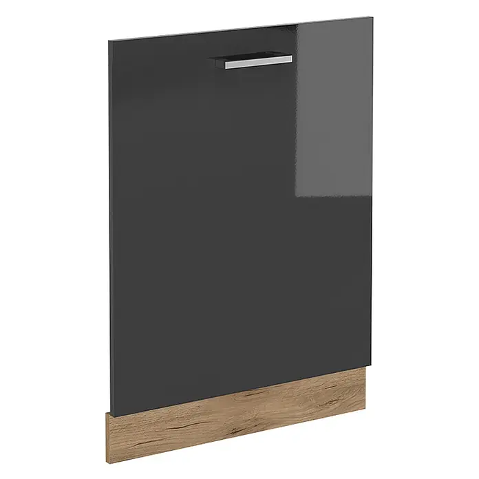 Geschirrspülblende R-Line 60 cm Anthrazit Hochglanz Art.-Nr. 54464 -  - Dunkelgraue Hochglanz-Schranktür mit silbernem Griff und Holzdekor-Sockel.