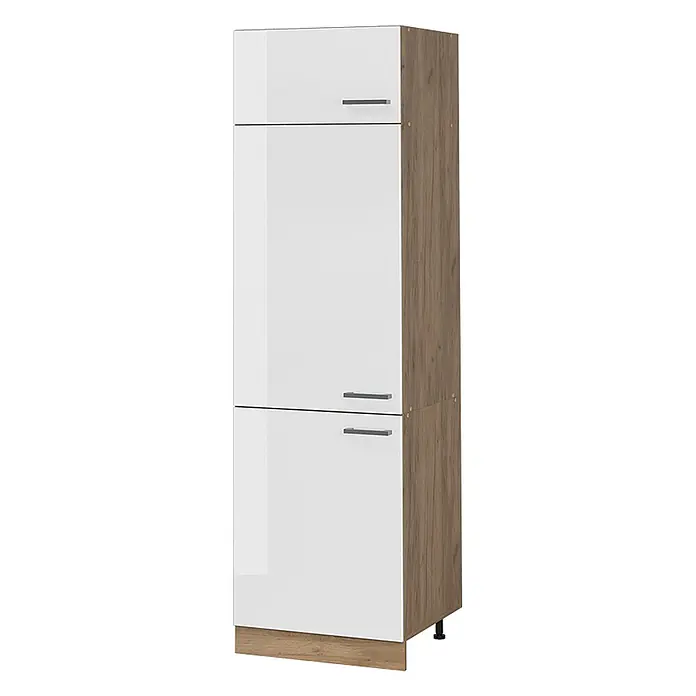 Vorratsschrank R-Line 60 cm Weiß Hochglanz Art.-Nr. 63211 -  - Hoher weißer Hochschrank mit drei Türen, glänzend weißen Fronten und Holzmaserung an Seiten und Sockel.