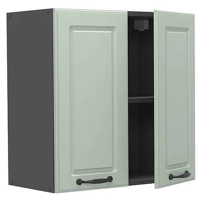 Hängeschrank R-Line 60 cm Mint Landhaus Art.-Nr. 71176 -  - Hellgrüner Doppeltür-Hängeschrank mit schwarzen Griffen. Eine Tür ist offen und zeigt einen dunklen Innenraum und ein Regal.