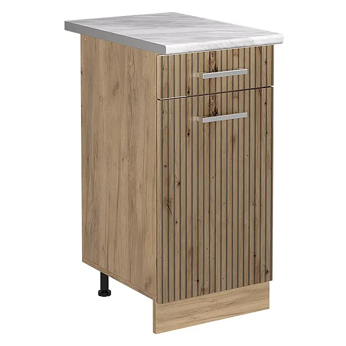 Küchenunterschrank R-Line 40 cm Artisan-Eiche Art.-Nr. 61145 -  - Schmaler Holzmaserungsschrank mit zwei Schubladen, silbernen Griffen, geriffelter Front und weißer Marmor-Arbeitsplatte.