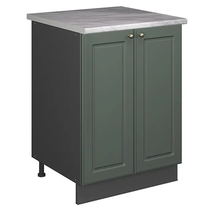 Spülenunterschrank Fame-Line 60 cm Grün-Gold Landhaus Art.-Nr. 65275 -  - Dunkelgrüner Unterschrank mit zwei Türen, Messingknöpfen, grauer Marmor-Arbeitsplatte und dunkelgrauem Sockel.