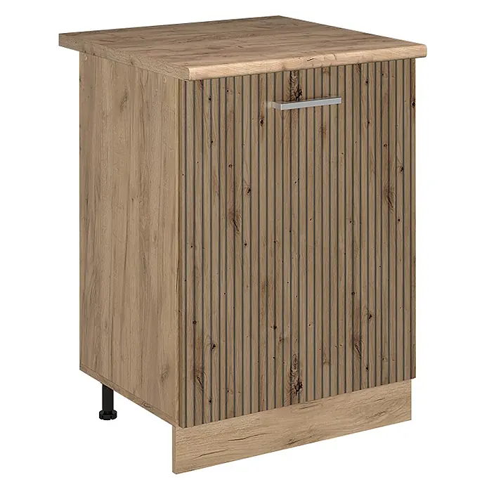 Küchenunterschrank R-Line 60 cm Artisan-Eiche Art.-Nr. 72152 -  - Heller Holz-Unterschrank mit geriffelter Front und silbernem Griff.