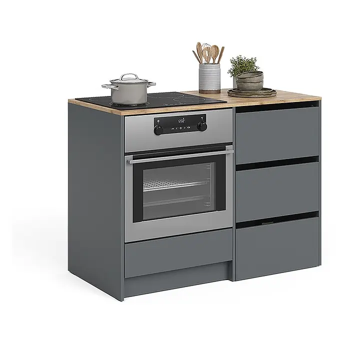 Herdumbauschrank Viktor 116.8 cm Anthrazit Art.-Nr. 62865 -  - Kompakte graue Küchenzeile mit Holzplatte, integriertem Induktionskochfeld, Backofen und drei Schubladen.