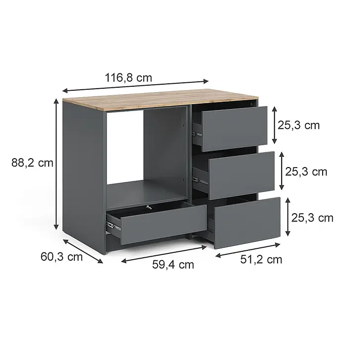 Herdumbauschrank Viktor 116.8 cm Anthrazit Art.-Nr. 62865 -  - Graue Kommode mit Holzplatte, offenem Fach und mehreren Schubladen, Maße detailliert dargestellt.
