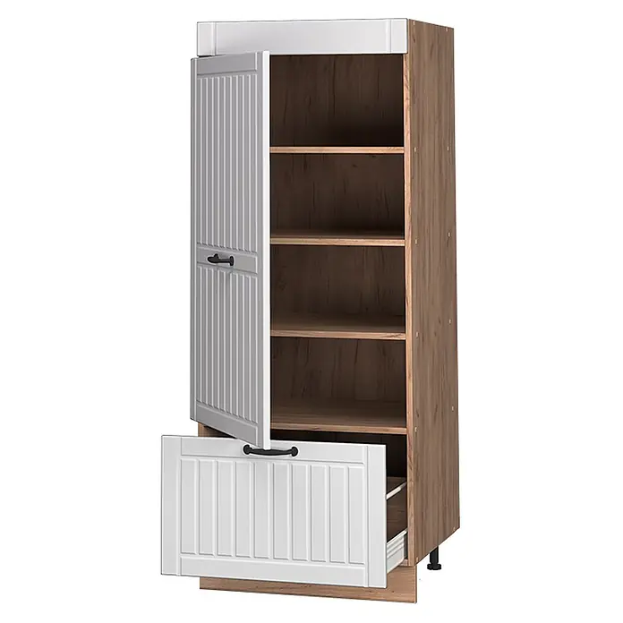 Vorratsschrank Fame-Line 60 cm Weiß Landhaus Art.-Nr. 62666 -  - Hoher Schrank mit Holzoptikrahmen, weißen gerillten Türen und geöffneter Schublade.