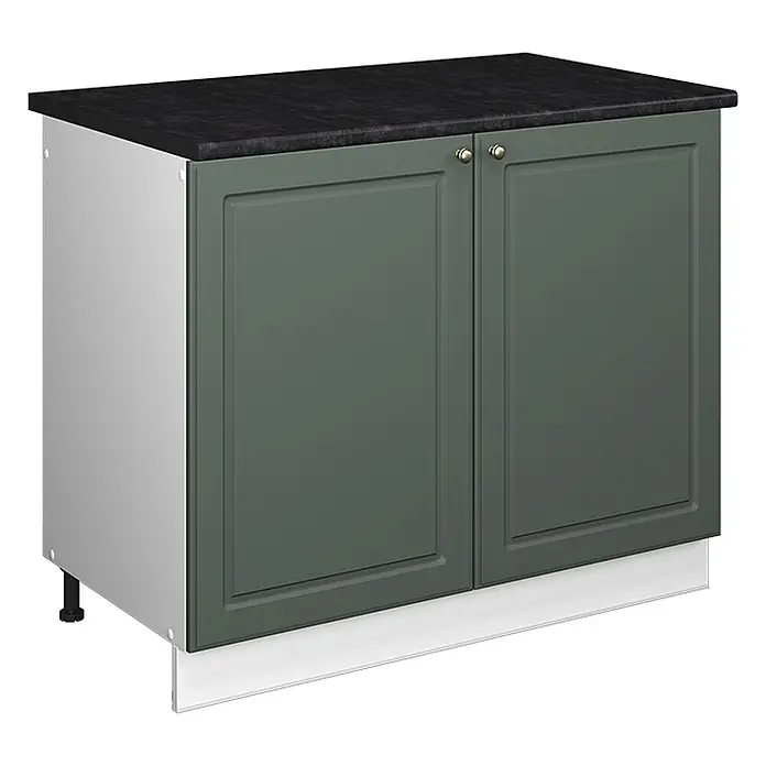 Spülenunterschrank Fame-Line 100 cm Grün-Gold Landhaus Art.-Nr. 61911 -  - Grüner Küchenunterschrank mit dunkler Arbeitsplatte, goldenen Griffen und weißer Sockelleiste.