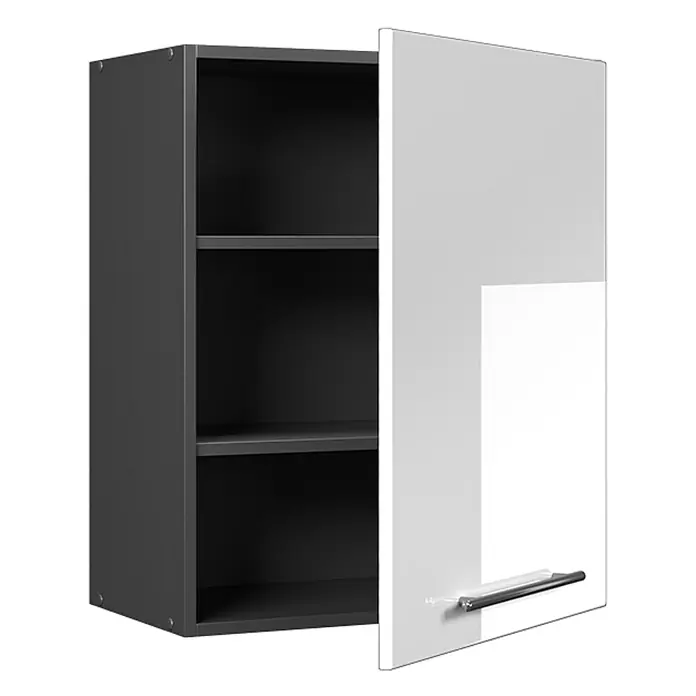 Hängeschrank Fame-Line 60 cm Weiß Hochglanz Art.-Nr. 62849 -  - Dunkelgrauer Wandschrank mit zwei Regalböden und einer teilweise geöffneten, weißen Hochglanztür mit Metallgriff.