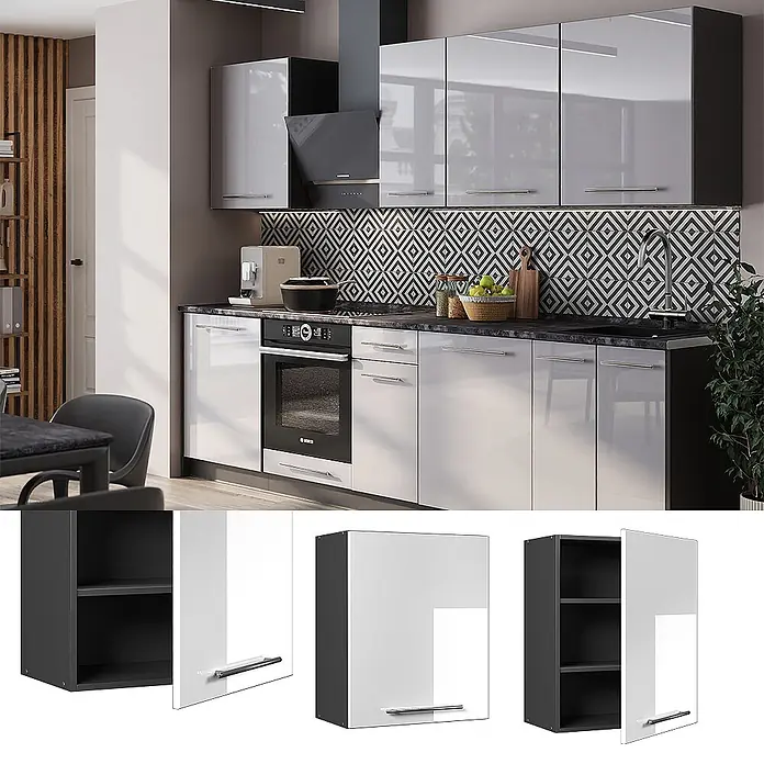 Hängeschrank Fame-Line 60 cm Weiß Hochglanz Art.-Nr. 62849 -  - Moderne Küchenschränke mit hochglänzenden weißen Fronten und dunkelgrauen Elementen, als komplette Küche und als einzelne Wandschränke gezeigt.