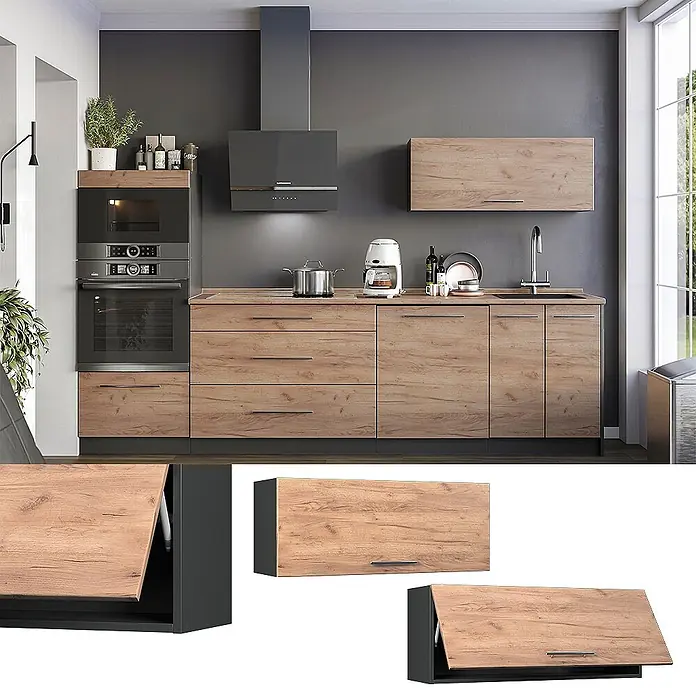 Hängeschrank Fame-Line 100 cm Goldkraft Eiche Art.-Nr. 61571 -  - Moderne Küche mit hellen Schränken in Eichenoptik und dunkelgrauen Elementen, inklusive integrierter Geräte und Stauraum.