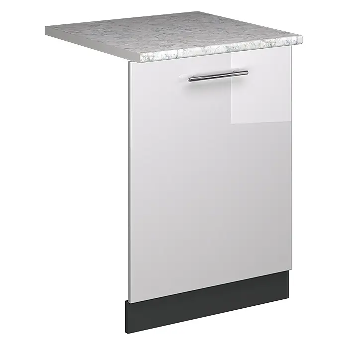 Geschirrspülblende Fame-Line 60 cm Weiß Hochglanz Art.-Nr. 54805 -  - Weiße Hochglanz-Küchenunterschrank-Endplatte mit grauer Marmor-Arbeitsplatte, Chromgriff und dunklem Sockel.