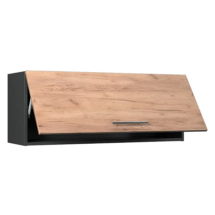 Hängeschrank Fame-Line 100 cm Goldkraft Eiche Art.-Nr. 61571 -  - Dunkelgrauer Schrank mit offener Tür in Holzoptik, Gasdruckfeder, silbernem Griff und offenem Fach.