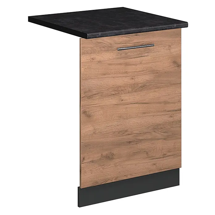 Geschirrspülblende Fame-Line 60 cm Goldkraft Eiche Art.-Nr. 54809 -  - Küchenunterschrank mit dunkler Arbeitsplatte, heller Holzoptiktür und Metallgriff, dunkler Sockel.