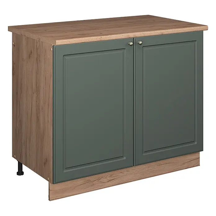 Spülenunterschrank Fame-Line 100 cm Grün-Gold Landhaus Art.-Nr. 61966 -  - Zweitüriger dunkelgrüner Unterschrank mit Arbeitsplatte, Seiten und Sockel in Holzoptik. Messingfarbene Knaufgriffe.