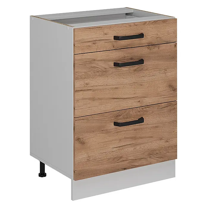 Küchenfront R-Line 59.6 cm Goldkraft Eiche Art.-Nr. 37470 -  - Heller grauer Küchenunterschrank mit drei Holzdekor-Schubladen und schwarzen Griffen.