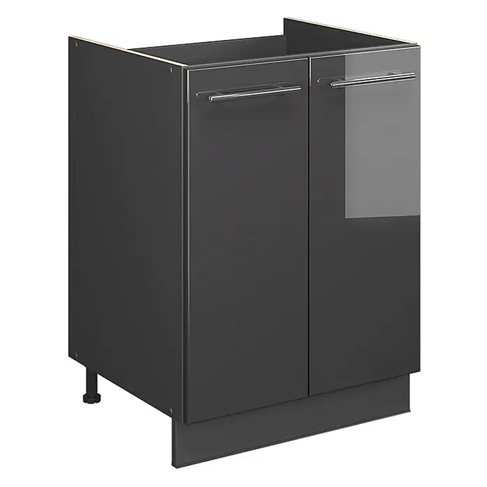 Spülenunterschrank Fame-Line 60 cm Anthrazit Hochglanz Art.-Nr. 65258 -  - Dunkelgrauer Küchenunterschrank mit zwei Türen und Chromgriffen, mit verstellbaren Füßen und Sockelblende.