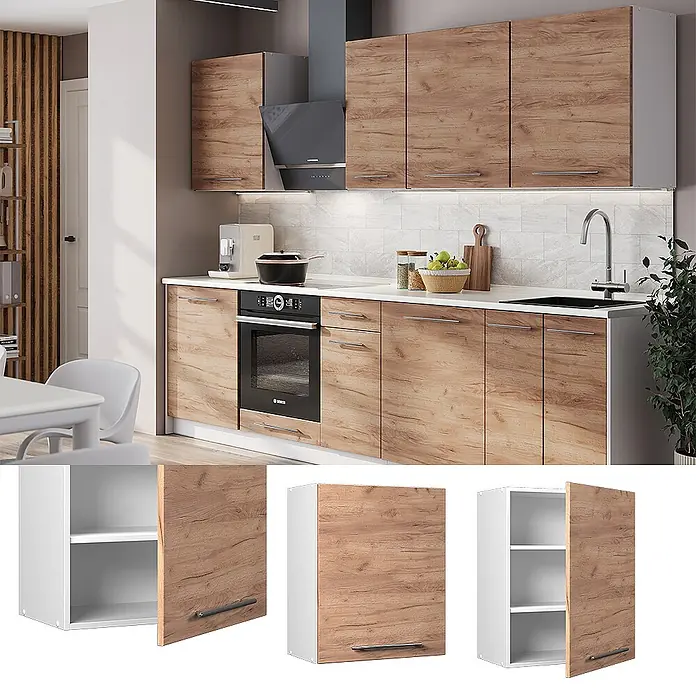 Hängeschrank Fame-Line 60 cm Goldkraft Eiche Art.-Nr. 62837 -  - Moderne Küche mit hellen Holzoptikschränken und weißen Arbeitsplatten, mit integriertem Backofen und Spüle.