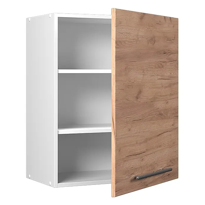 Hängeschrank Fame-Line 60 cm Goldkraft Eiche Art.-Nr. 62837 -  - Weißer Wandschrank mit offener Holztür, grauem Griff und zwei Regalböden.