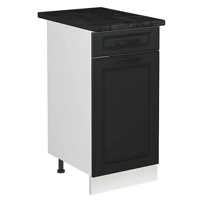 Spülenunterschrank R-Line 40 cm Anthrazit Landhaus Art.-Nr. 72861 -  - Schwarzer Unterschrank mit dunkler Arbeitsplatte, einer Schublade und einer Tür mit dunklen Griffen und weißer Seitenwand.