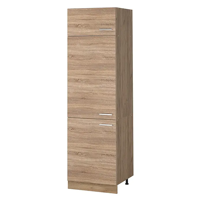 Vorratsschrank R-Line 60 cm Sonoma Art.-Nr. 63210 -  - Hoher Hochschrank in heller Holzoptik mit drei Türen und silbernen Griffen.