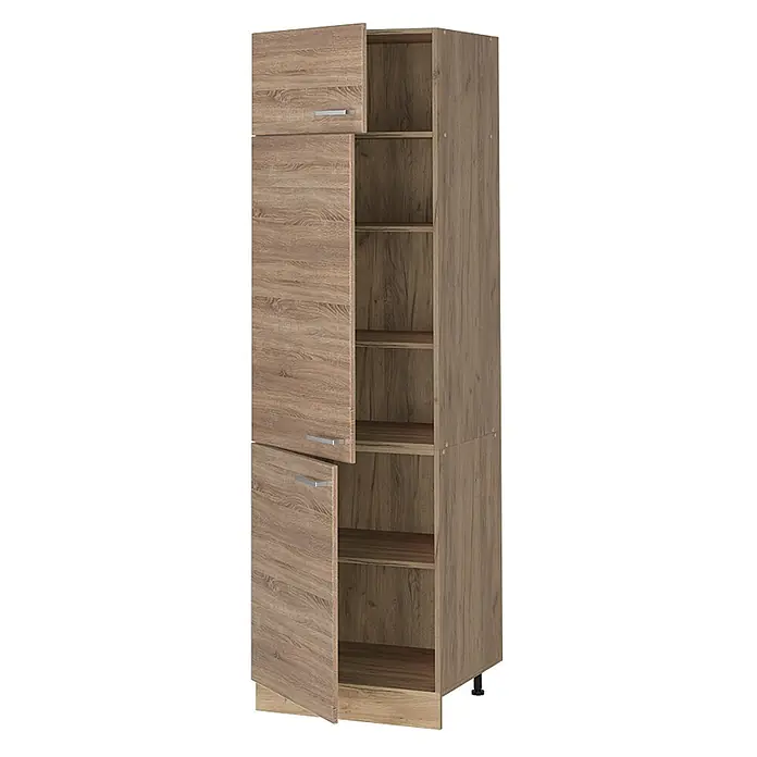 Vorratsschrank R-Line 60 cm Sonoma Art.-Nr. 63210 -  - Hoher, hellbrauner Holzschrank mit offenen Türen und Einlegeböden, ausgestattet mit silbernen Griffen.