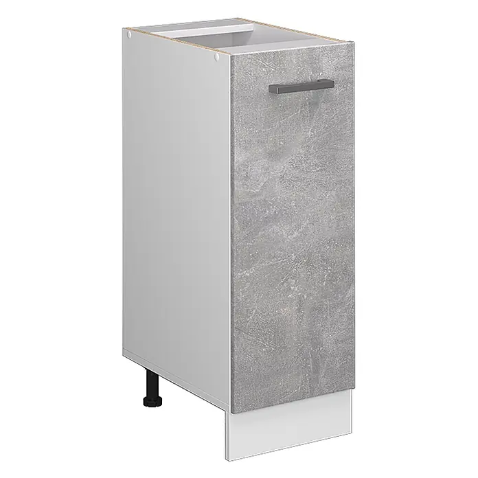 Küchenfront R-Line 29.6 cm Beton Art.-Nr. 37460 -  - Schmaler weißer Unterschrank mit grauer Betonoptik-Front, dunklem Griff und verstellbaren Füßen.