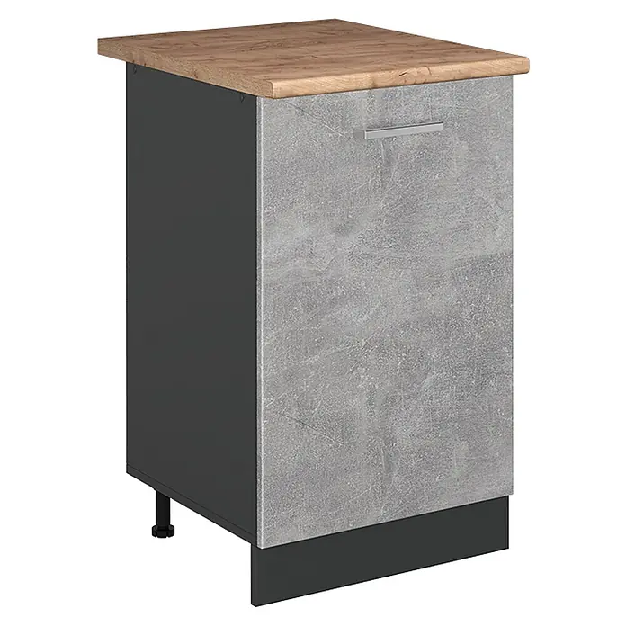 Küchenunterschrank R-Line 50 cm Beton Art.-Nr. 70197 -  - Küchenunterschrank mit Holzoptik-Arbeitsplatte, Betonoptik-Front und dunkelgrauer Seitenwand, mit Metallgriff.