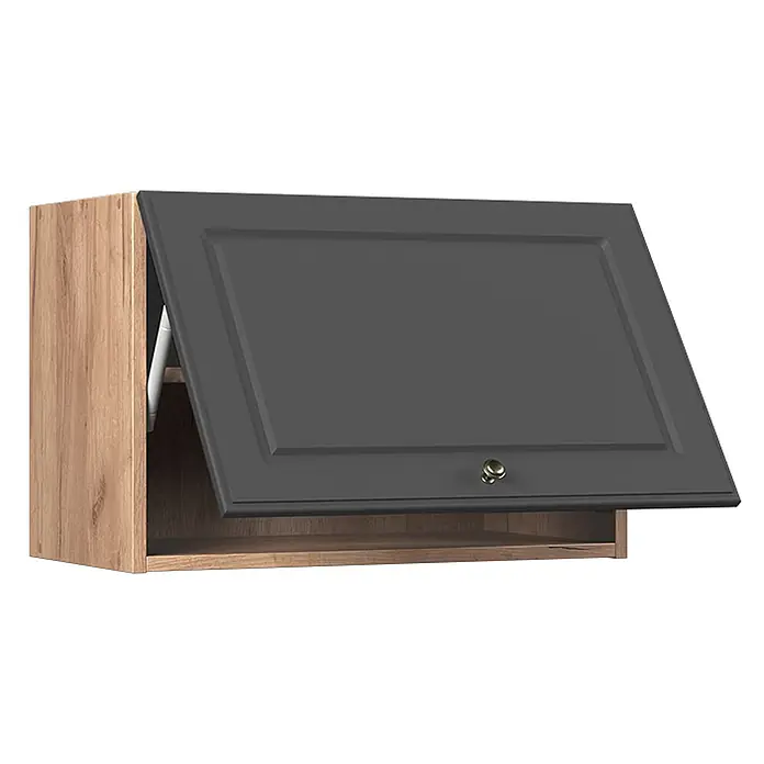 Hängeschrank Fame-Line 60 cm Anthrazit-Gold Landhaus Art.-Nr. 61550 -  - Küchenhängeschrank in Holzoptik mit geöffneter dunkelgrauer Kassettentür, die den Innenraum und einen Messingknopf zeigt.