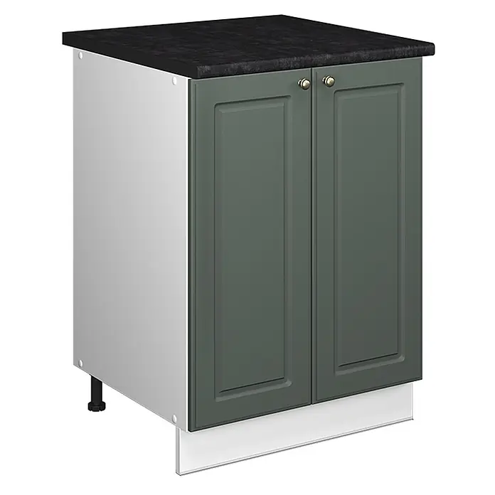 Spülenunterschrank Fame-Line 60 cm Grün-Gold Landhaus Art.-Nr. 65094 -  - Dunkelgrüner Küchenunterschrank mit zwei Türen, goldfarbenen Griffen und dunkler Arbeitsplatte. Mit weißer Seitenplatte und Sockel.