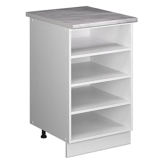 Küchenregal Fame-Line 50 cm Weiß Art.-Nr. 65818 -  - Weißer Küchenunterschrank mit grauer Marmorarbeitsplatte, 4 offenen Regalböden und verstellbarem Fuß.